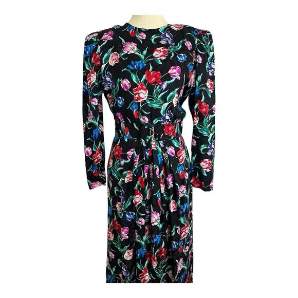 VTG Maggy London Jeannene Booher 100% Silk Floral Black Dress Size 10 Bloomcore - Picture 1 of 15